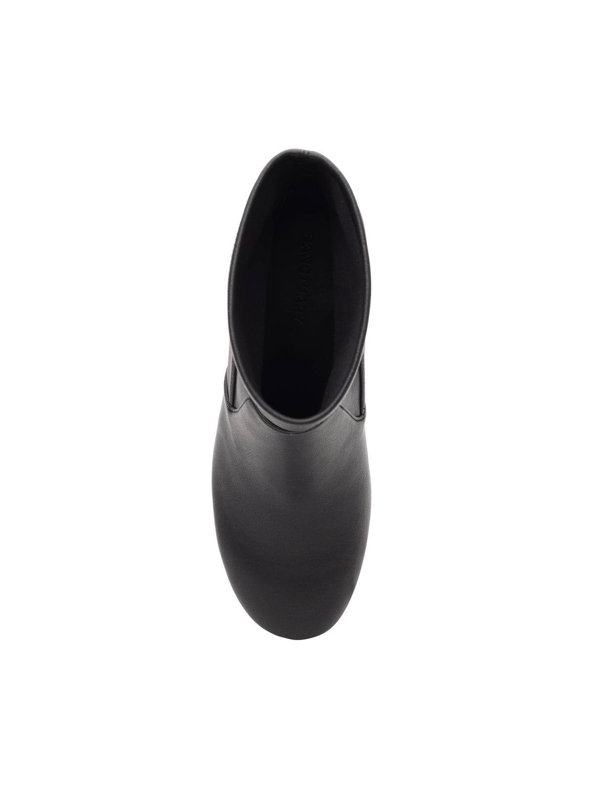 Top view of the Sanctuary Clothing rory stretch bootie in black, featuring a smooth, rounded toe and minimal detailing, displayed on a plain white background.