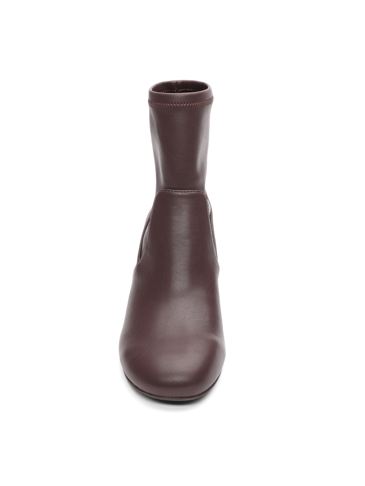 Front view of the Sanctuary Clothing rory stretch bootie chicory, a maroon ankle boot in smooth leather with a rounded toe and slip-on design, shown against a plain white background.