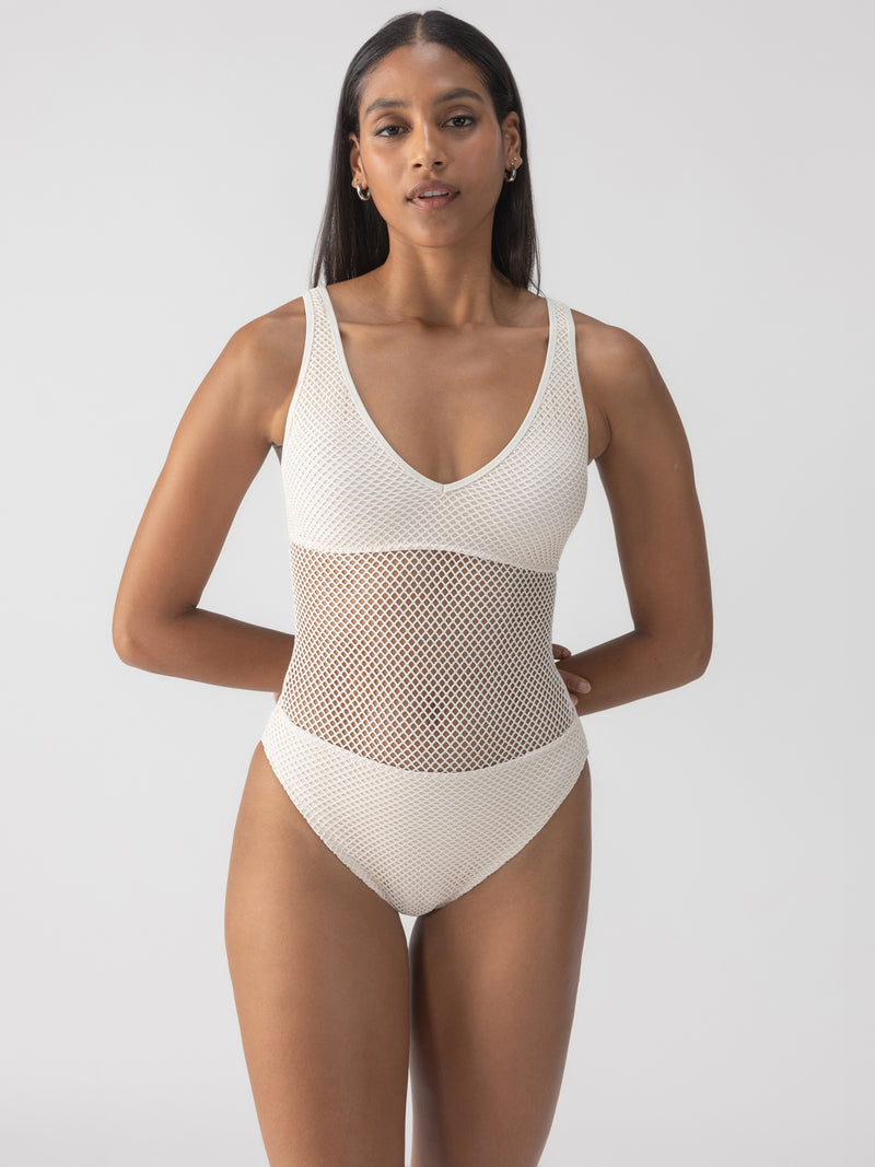 Sea Crochet High Leg Scoop Neck One-Piece White Sand alt 1
